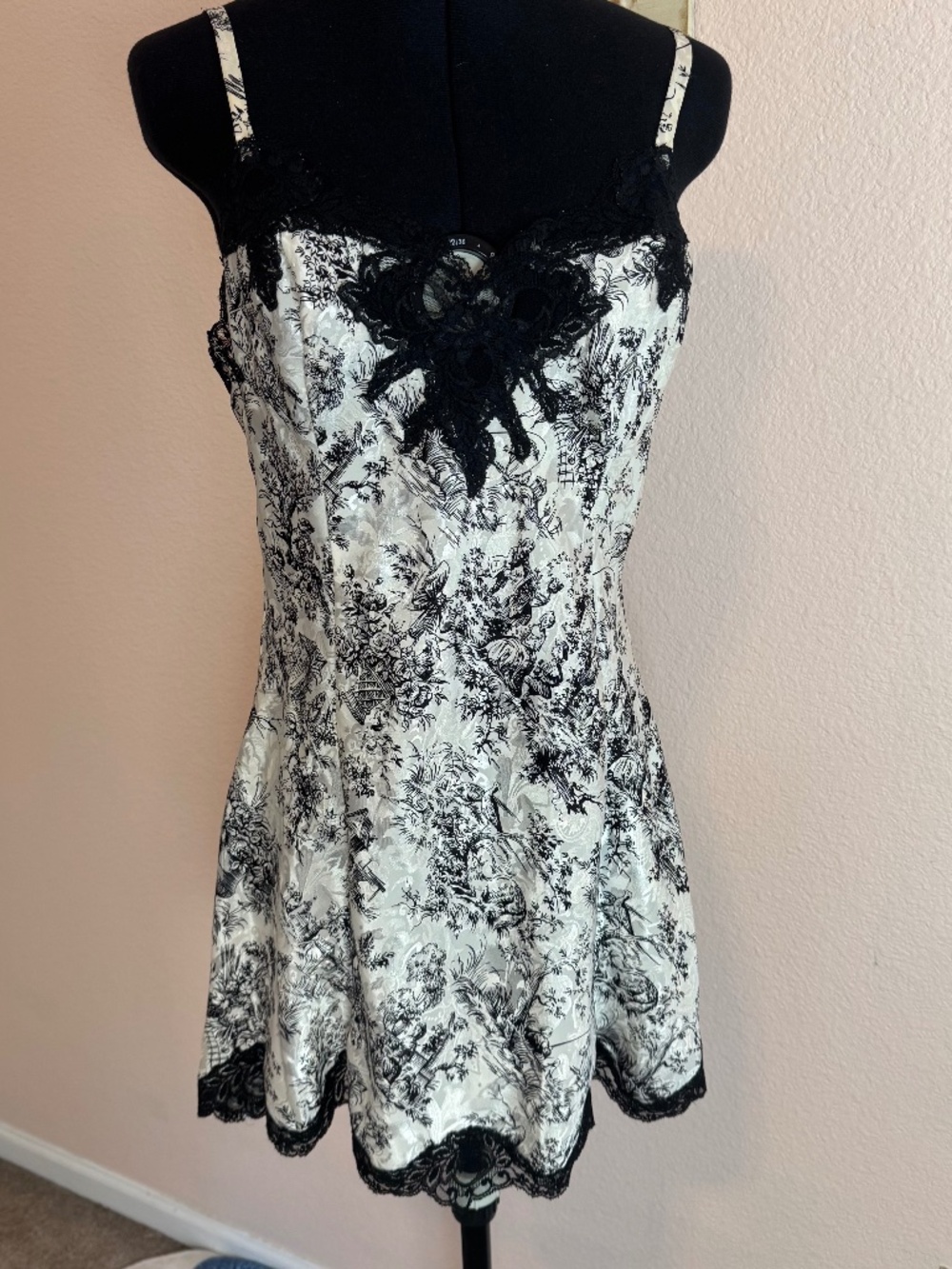 Vintage Gold Label Victoria's Secret Satin Feminine Slip Dress Black White Toile